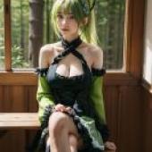Rena Wind Sneaker Grand Archer ELSWORDGreen haired woman in black and green dress sitting on bench.