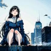 The beauty of the end of the world，A girl with her legs crossed sits on the edge of a building.