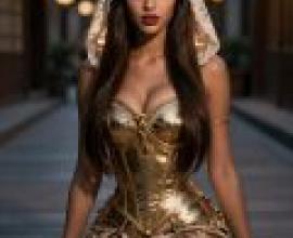 Proud Goddess，A woman dressed in gold dress and head cover is sitting on the ground looking at camera.