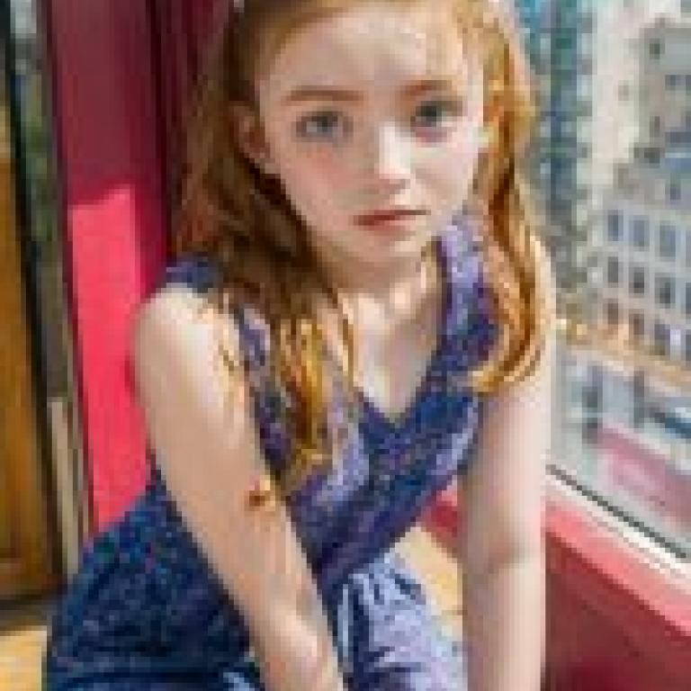 手機桌布，莎蒂·辛克 Sadie Elizabeth Sink，寫實，一位女孩坐在窗邊，頭髮綁成髮髻。
