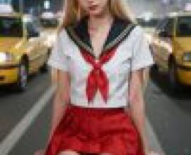 一個金髮碧眼、身穿水手服的女孩坐在路邊。