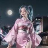 幽遊白書，牡丹，月夜和服舞 - 城市燈影下，滿月夜空，牡丹女孩在城市舞台上獨舞。