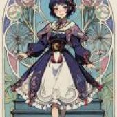 Yunjin，Genshin Impact，藍色連身裙，邊緣有紫色飾邊。