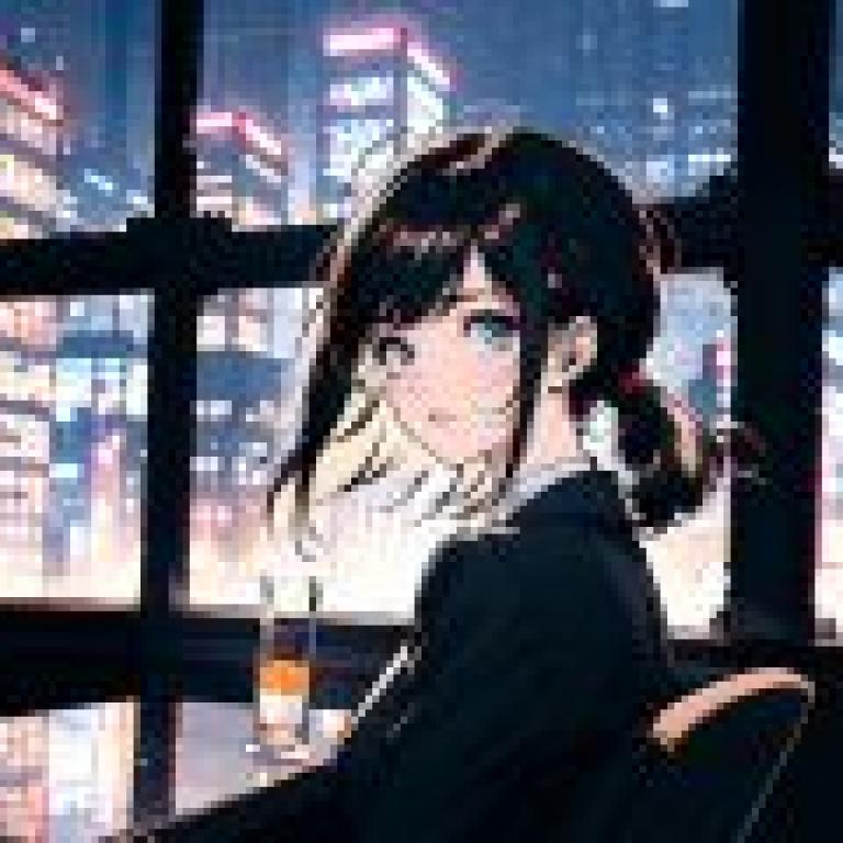 80年代漫畫女孩，綁著馬尾的女孩在窗邊喝酒。