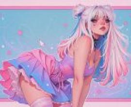 Trapped in a dream，Pink hair and blue dress woman with bow in her hair.
