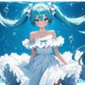 初音未來，身穿藍色洋裝的卡通女孩。