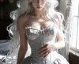 gorgeous，Model wearing grey corset in front window.