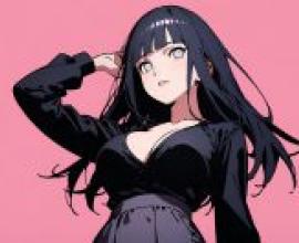 日向鳴人 日向雛田 一個有著長髮的黑髮女孩，穿著紫色連身裙，舉著手。