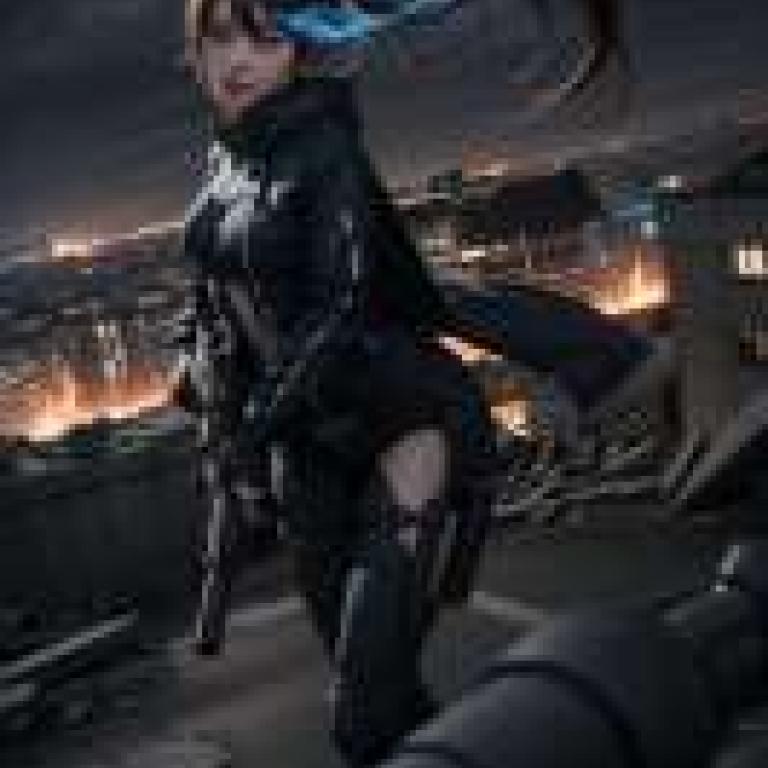 黑岩射手，一個女孩在夜晚的城市裡持槍擺姿勢。