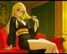 一位有著秘密的情婦，一位有著金色長髮和眼鏡的女子，坐在紅色的椅子上。