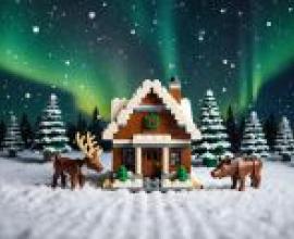 LEGO style Christmas，A lego set featuring reindeer and the house is from christmas time.