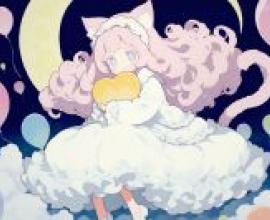 花俏的女孩：一隻小貓叼著一個橘色的球。