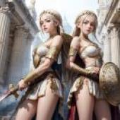 「古羅馬夢幻免費桌布」：Artgerm巧手，幻想風建築美，女子悠然立柱旁，古羅馬夢幻風。