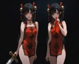 旗袍與中國式巨劍，兩個身著紅黑服裝的動漫人物。