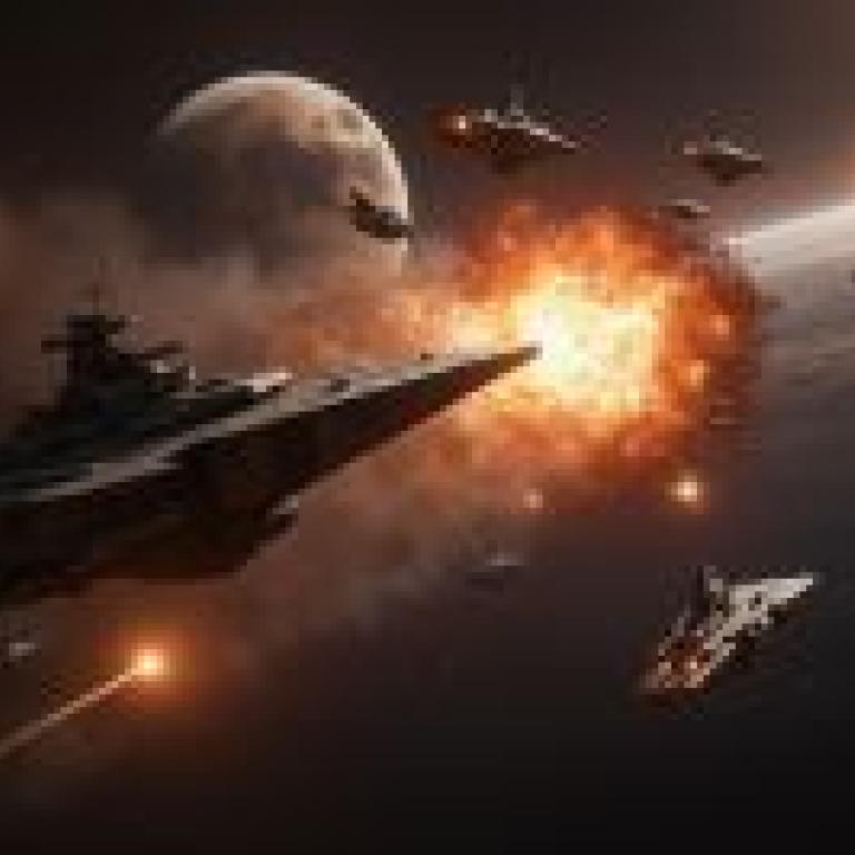 battle spaceA space battle with fire coming from the front of a ship.