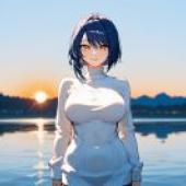 Memories of the past，A woman standing in front of a lake.