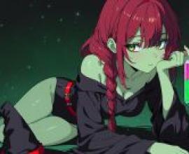 Abyss Witch，Anime girl with red hair and black clothing.