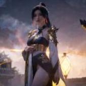 Eternal Mad Emperor，Ling Meier，A woman in a blue outfit standing in front of a lantern.