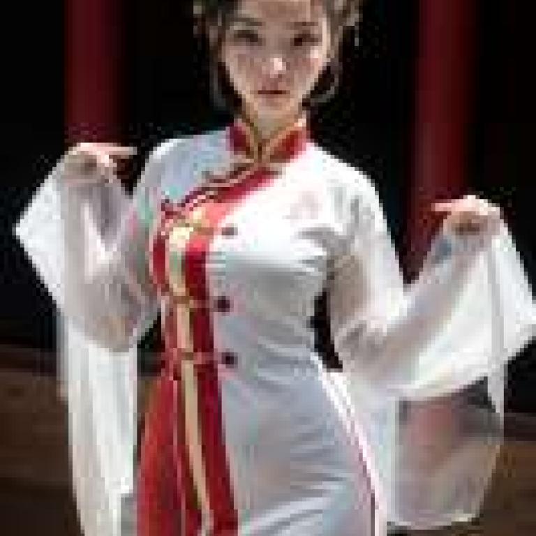 中國女兒裝，一個女孩穿著紅色和金色相間的連身裙。