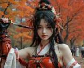 日本武士少女，身穿武士服、手持武士刀的女孩。