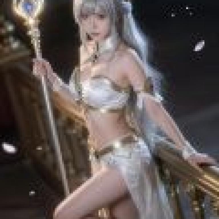 Goddess s Grace，A girl wearing a white dress with gold accents and blue beaded necklaces holding a crystal ball.