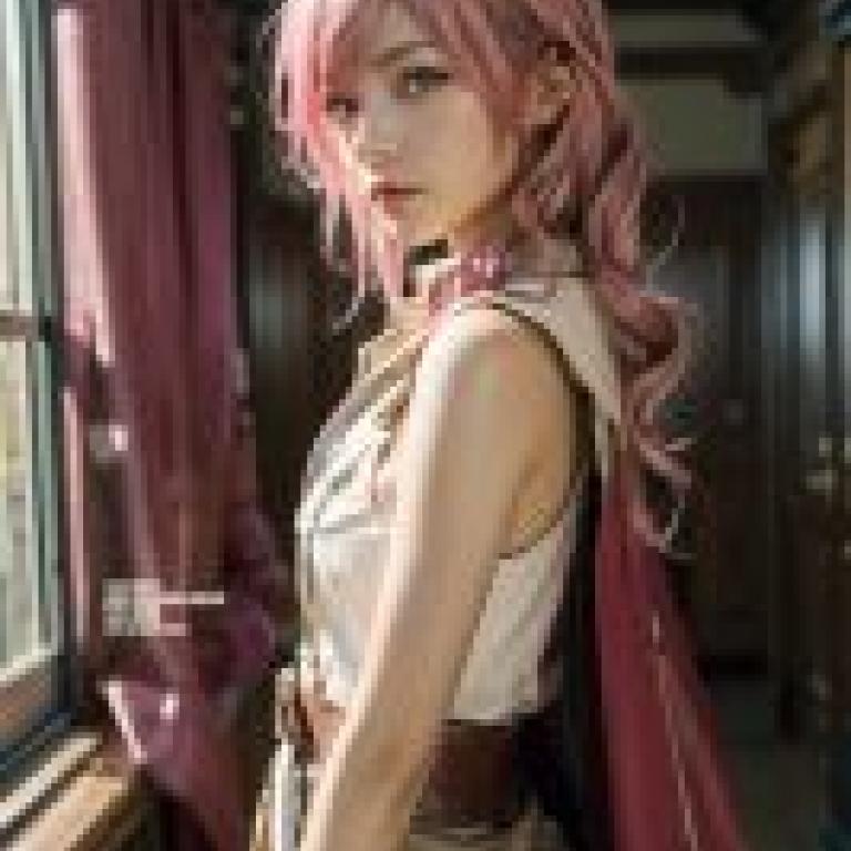 Mobile wallpaper， Lightning， Final Fantasy XIII， Realism， A girl in pink clothes is sitting by the window.