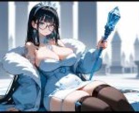 The Ice Queen,A blue maid sits on a pedestal and wields a crystal.