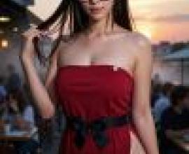 Red Wind，Model with glasses and red dress in front of people.