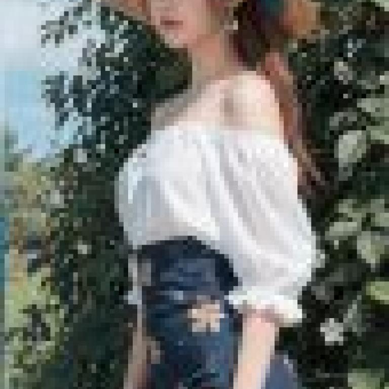 Street Memories，Woman in strappy outfit with blue and white flowered dress