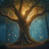Misty Forest，Glowing orange tree in the forest.