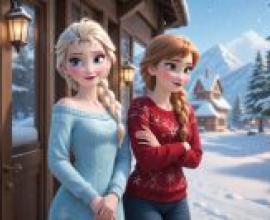 冰雪奇緣般的溫馨艾莎，女孩們坐在前廊上，身後是皚皚白雪和巍峨群山。