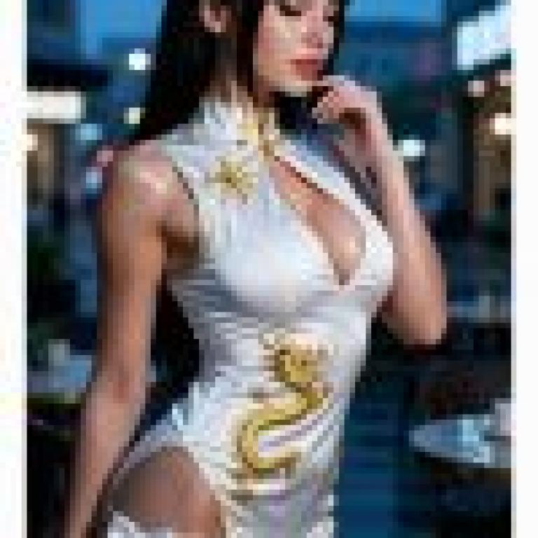 Western style，A woman in white dress with gold dragon design.