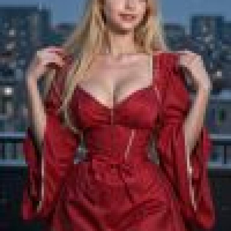 Dance of the Night，A woman in a red dress standing near a city.
