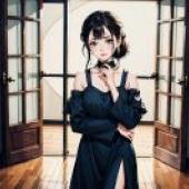 悲傷城堡裡的美女，一幅黑衣女子的動漫作品。