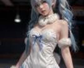 parallel，Model wearing blue bunny ears and white bunny ears.