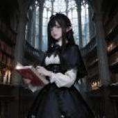 The Shadow of the Church，A girl in black dress holding book.