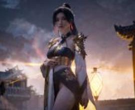 Eternal Mad Emperor，Ling Meier，A woman in a blue outfit standing in front of a lantern.