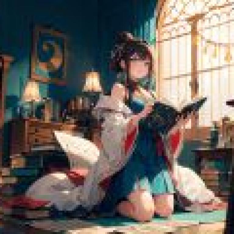 圖書館女孩，動漫公主在地板上看書。