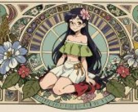 Computer wallpaper， elegant girl， anime， a princess with blue hair and glasses is sitting on a flower.