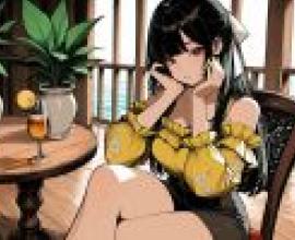 Afternoon Time，Girl sitting at the table with a glass.