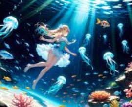 水下場景：一個藍頭髮的女孩正在潛水。