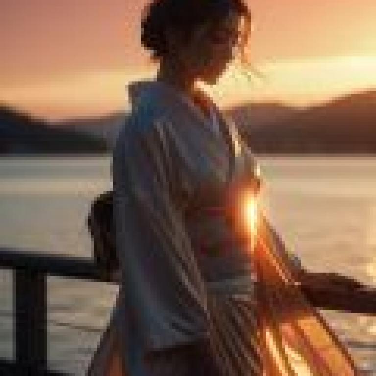 The final farewell under the setting sun，A woman in Japan looks out over the ocean.