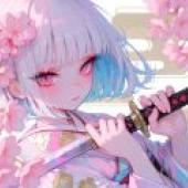 New Year cherry blossom trees，Girl holding a sword.
