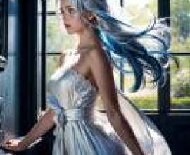 Mobile phone wallpaper， white hair dress， realistic， woman in blue and white dress.
