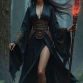 dark witch，森林中，手持法杖的女子。
