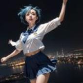 Yuu Super Real MahjongA woman with blue hair wearing a school uniform.