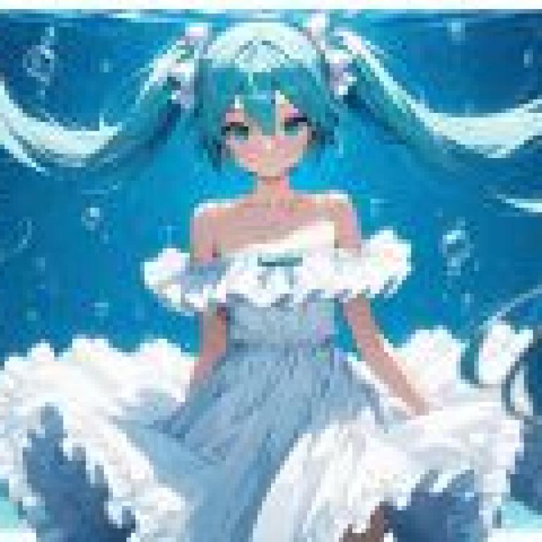 初音未來，身穿藍色洋裝的卡通女孩。