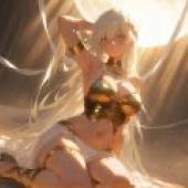 Desert mirage，A woman in golden armor is posing for the camera.