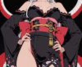 kimono，A woman wearing red and black kimono with gold chain.