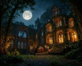 童話小屋，城堡上方掛著一輪明月。